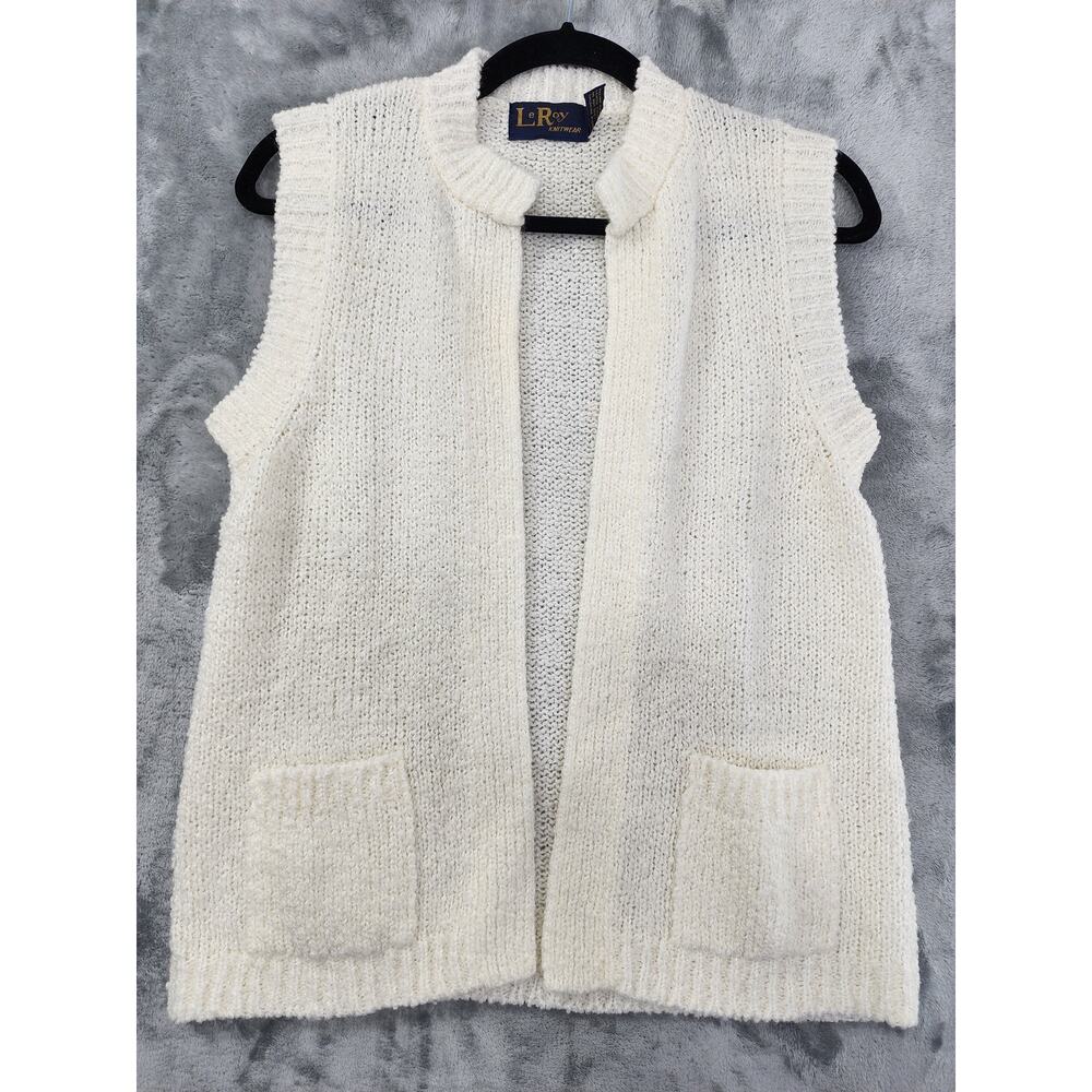 Vintage‎ 70s Leroy Knitwear Nubby Knit Sleeveless Open Front Cardigan M Cream
